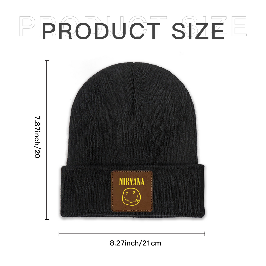 Nirvana Classic Smiley Square Patch Beanie product image showing square-patch knit beanie design