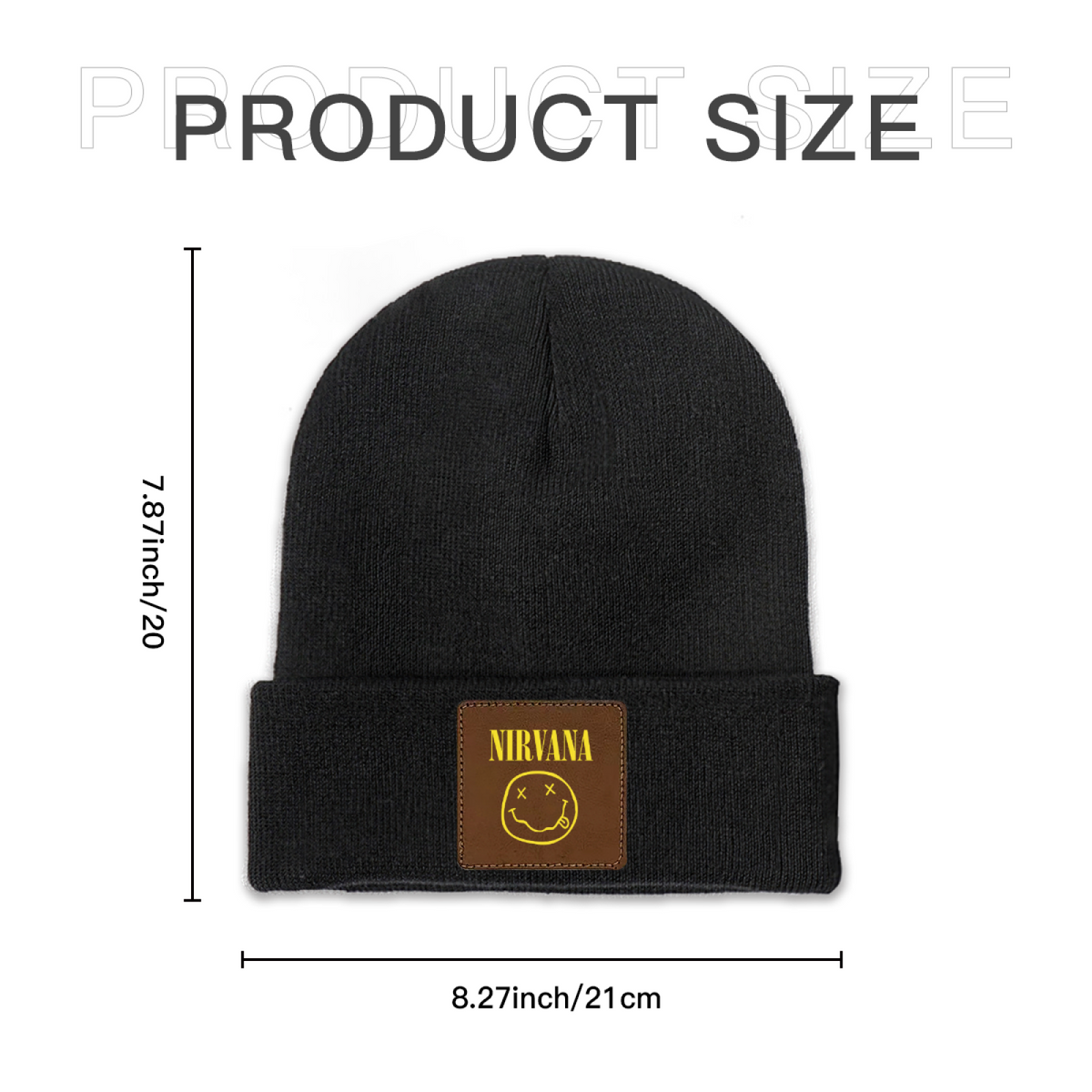 Nirvana Classic Smiley Square Patch Beanie product image showing square-patch knit beanie design