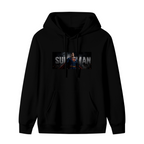 Women's hoodie photographed alone, with a classic caped portrait in a horizontal banner with prominent lettering on the front
