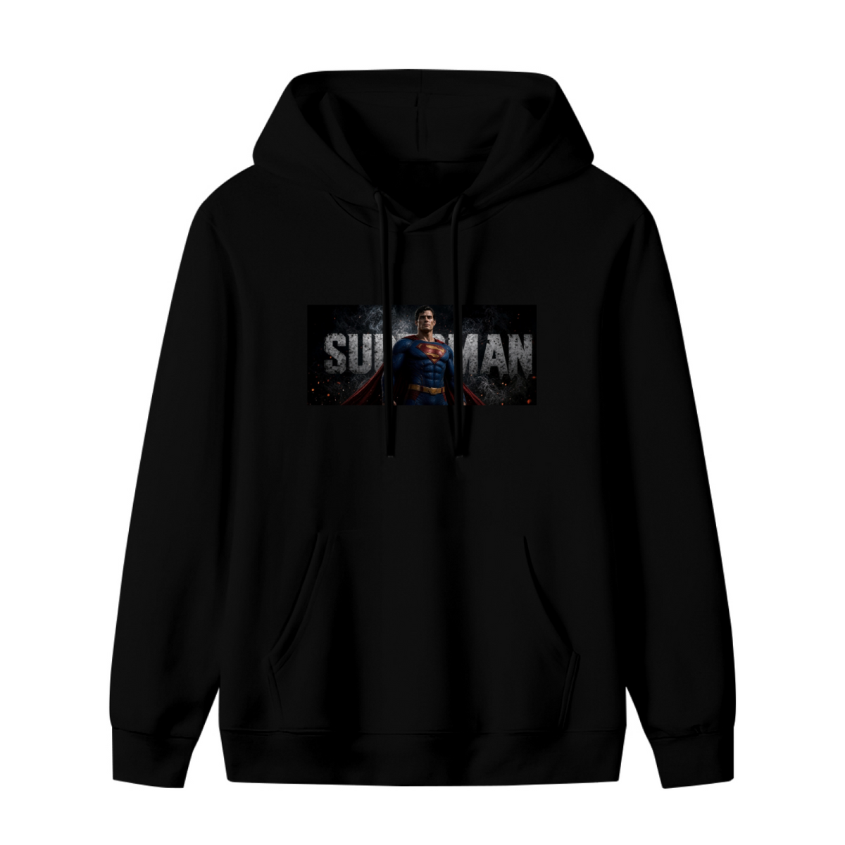 Women's hoodie photographed alone, with a classic caped portrait in a horizontal banner with prominent lettering on the front
