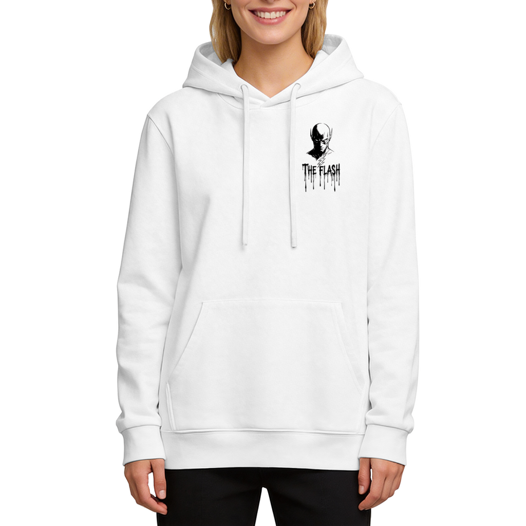 On-model product photo: women's hoodie bearing a small masked silhouette with lightning-themed ink lettering