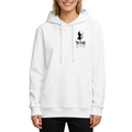 On-model product photo: women's hoodie bearing a small masked silhouette with lightning-themed ink lettering