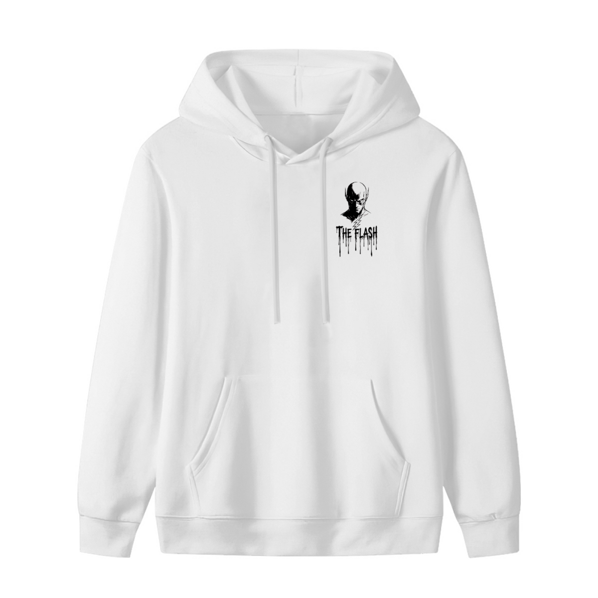 Women's hoodie photographed alone, with a small masked silhouette with lightning-themed ink lettering on the front