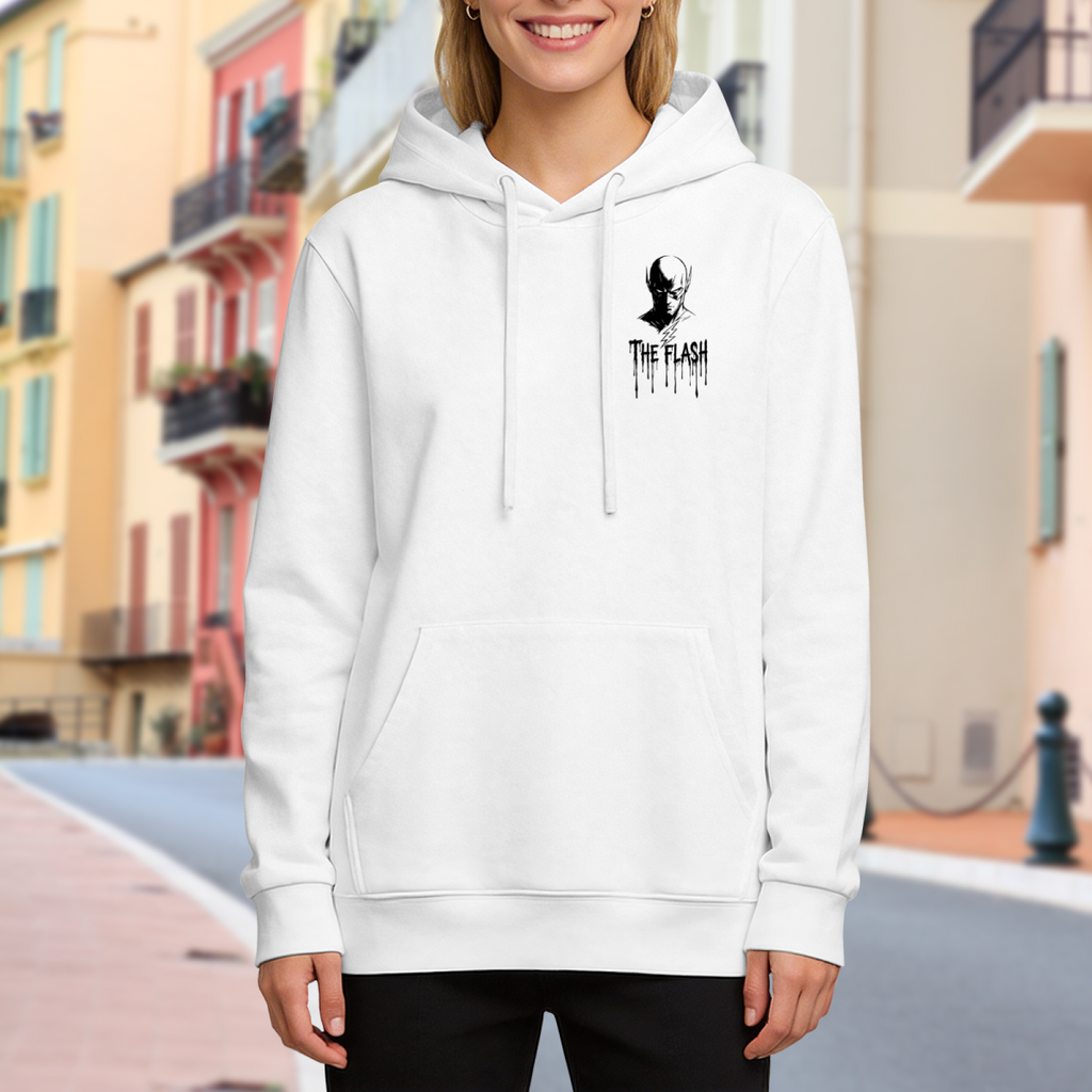 Lifestyle image outdoors: women's hoodie with a front graphic of a small masked silhouette with lightning-themed ink lettering