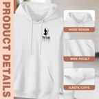 Feature collage for the women's Masked Outline in Ink hoodie: hood shape, pouch pocket and cuff finishing