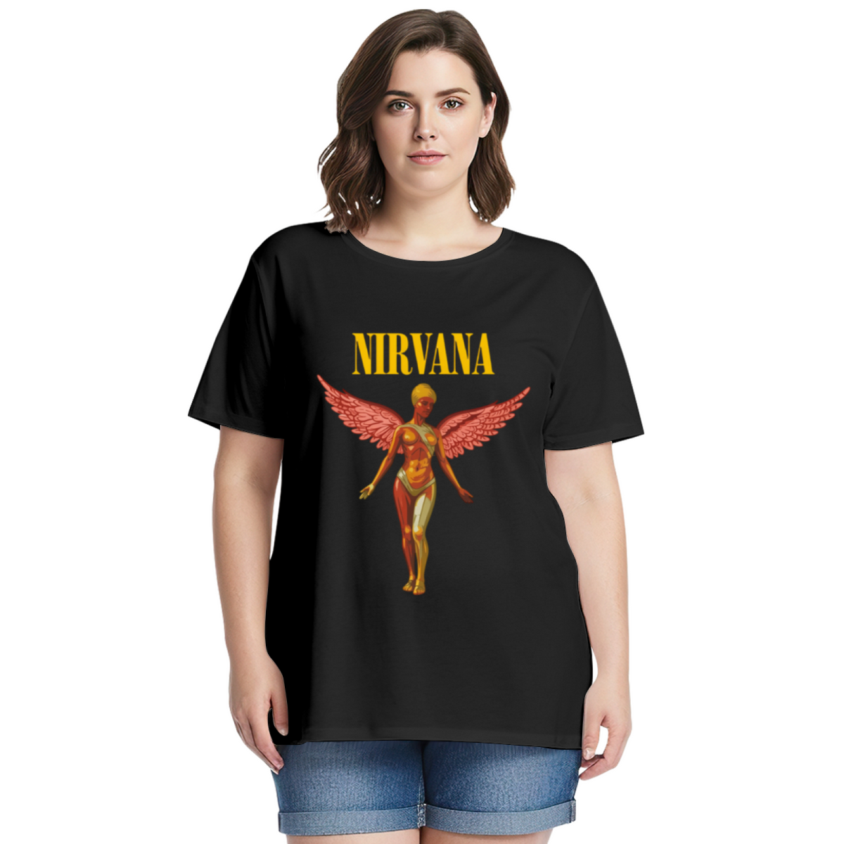 Graphic T-shirt product image with in utero pink angel artwork, black colorway