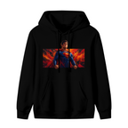 Men's hoodie photographed alone, with a caped figure in a wide portrait framed by flame-like color on the front