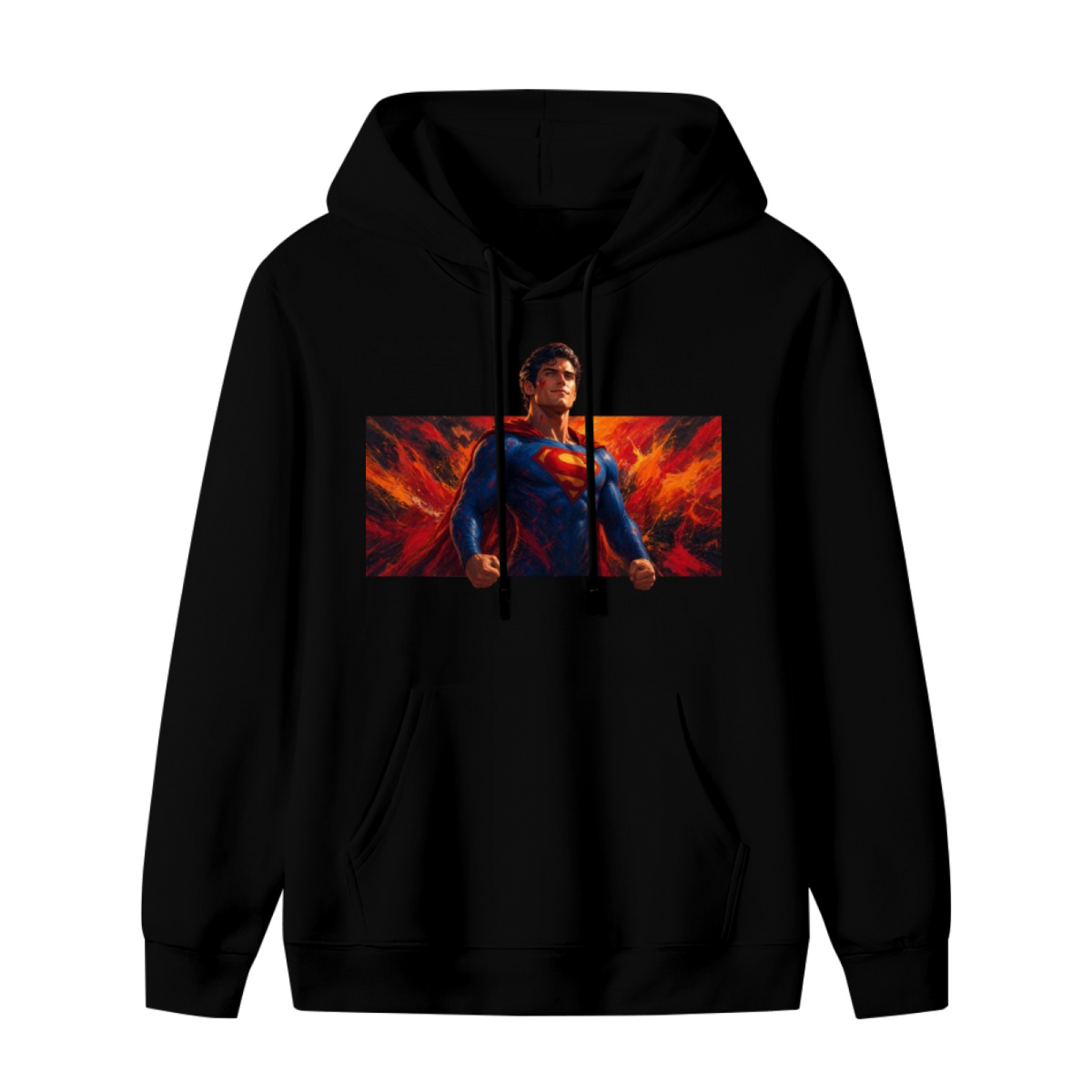 Men's hoodie photographed alone, with a caped figure in a wide portrait framed by flame-like color on the front