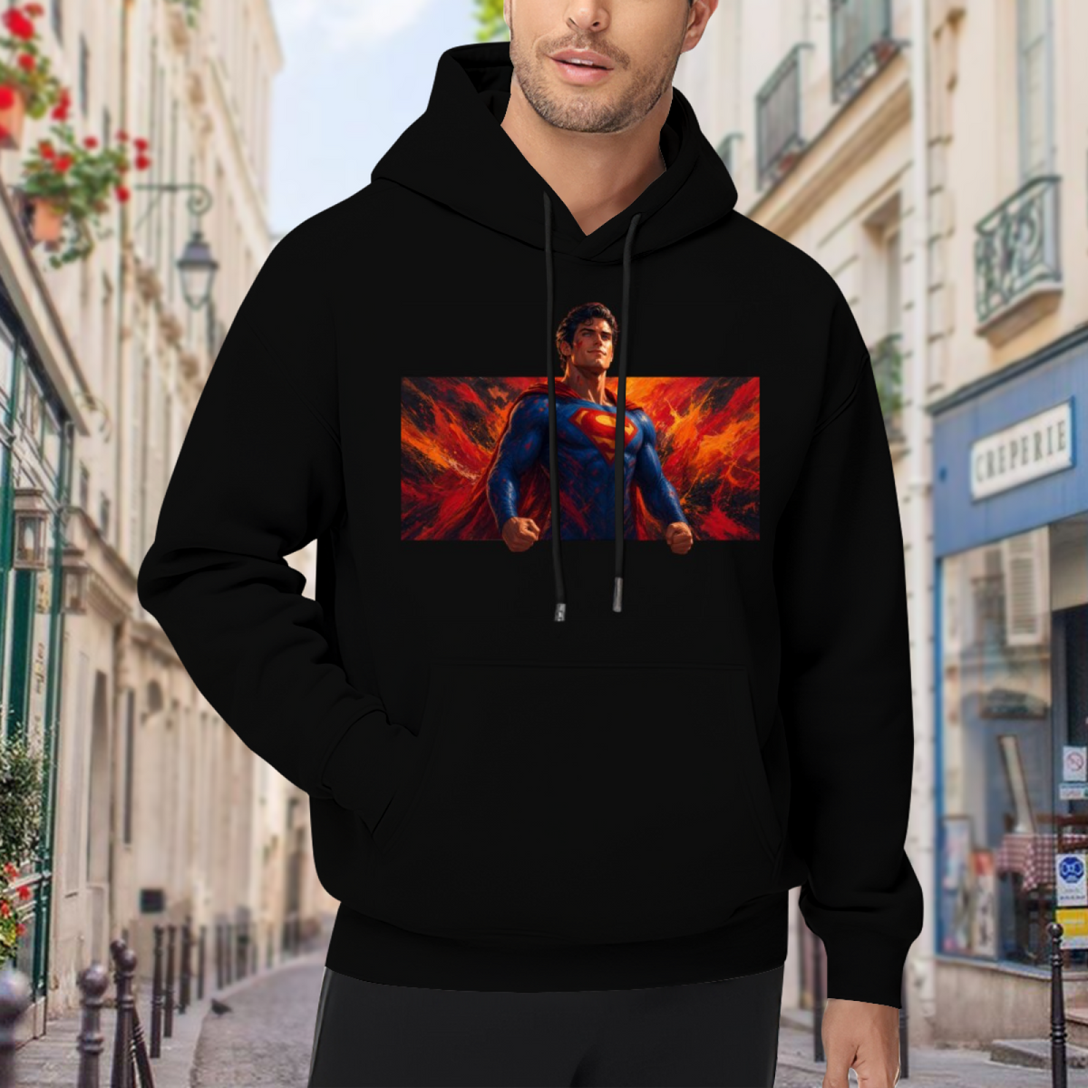 Lifestyle image outdoors: men's hoodie with a front graphic of a caped figure in a wide portrait framed by flame-like color