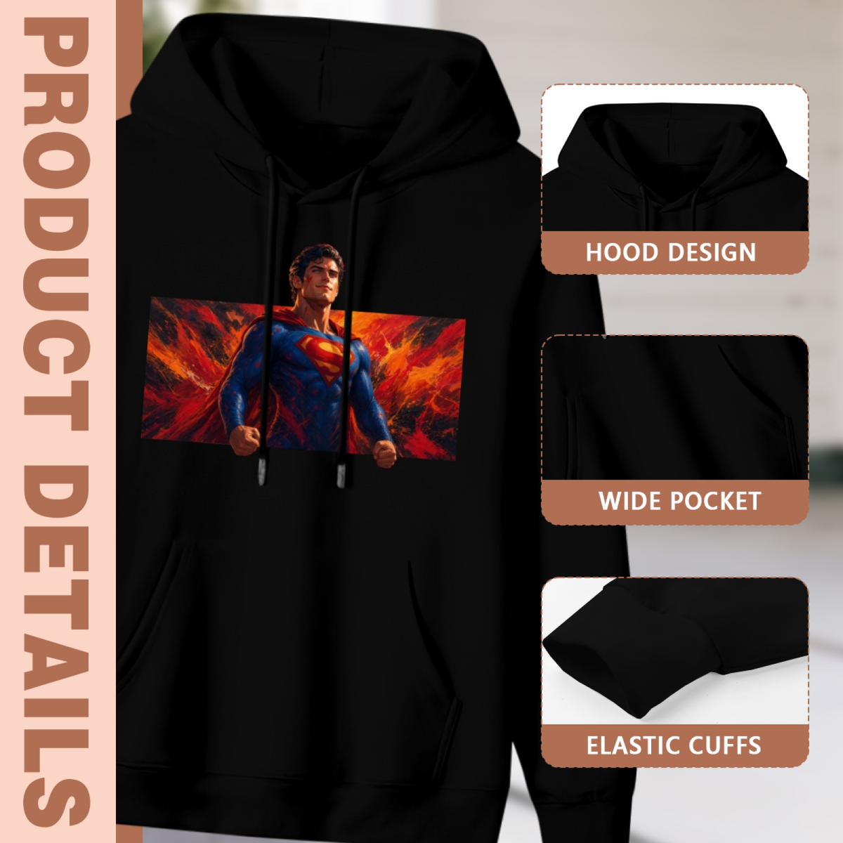 Feature collage for the men's Cape before the Flames hoodie: hood shape, pouch pocket and cuff finishing
