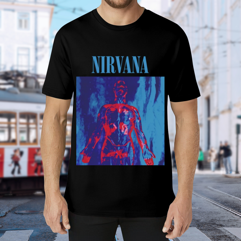 Nirvana Red Blue Anatomical Angel Graphic T-Shirt — product design preview of the artwork; red and blue color treatments appear in the anatomical-angel artwork
