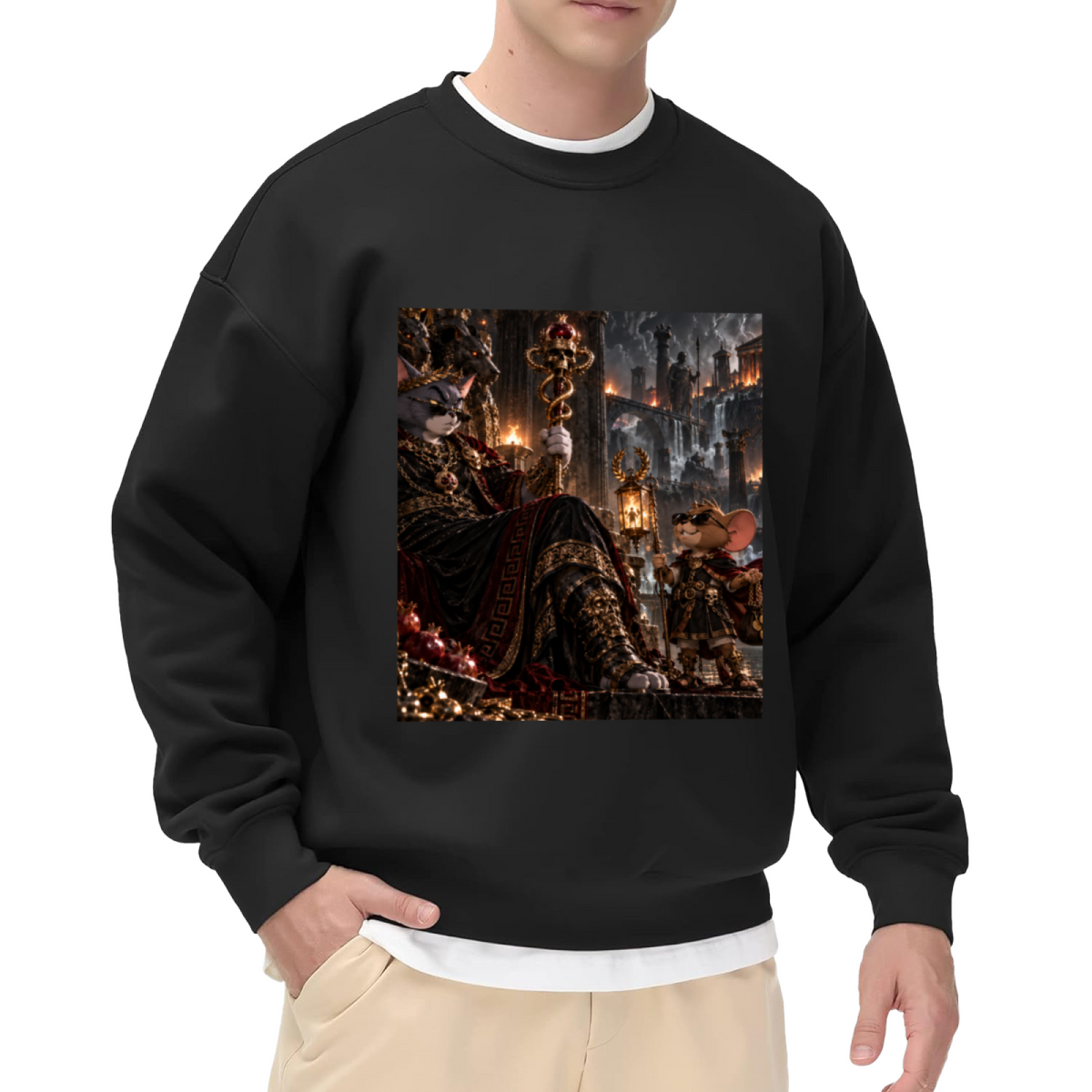 Men's crewneck sweatshirt seen on a model, its front graphic depicting a feline throne scene with gathered figures and warm firelight