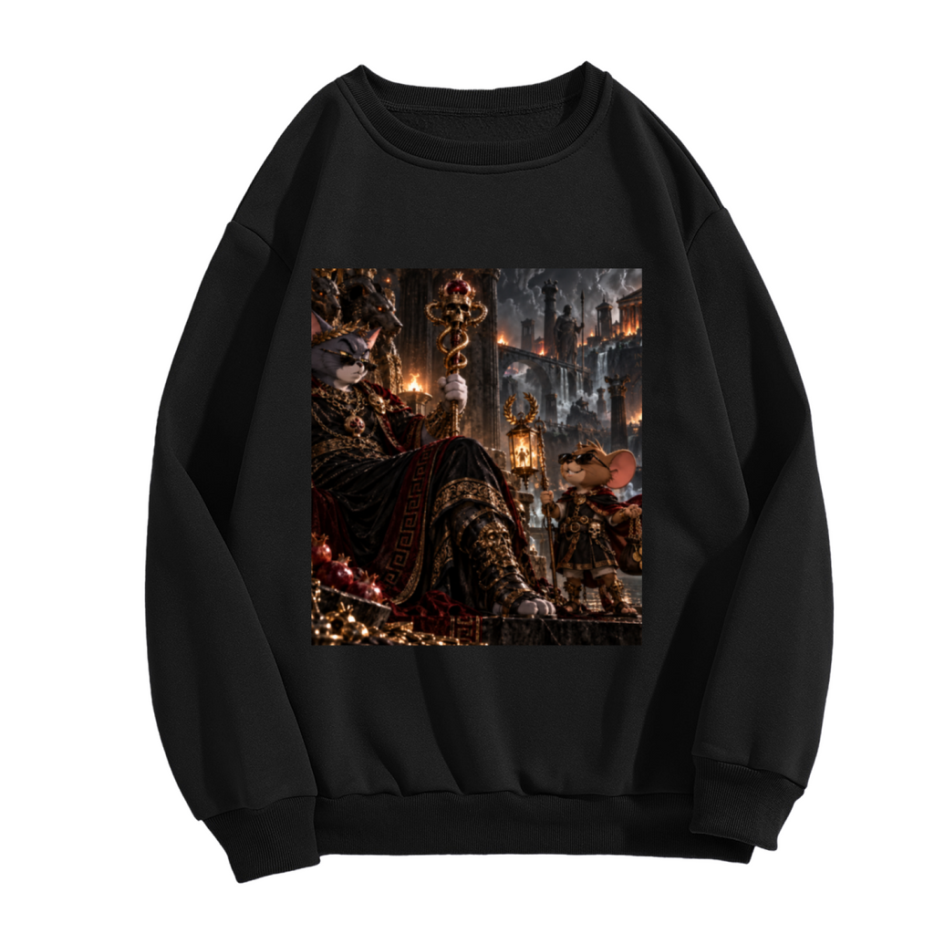 Front garment photograph: men's crewneck sweatshirt decorated with a feline throne scene with gathered figures and warm firelight