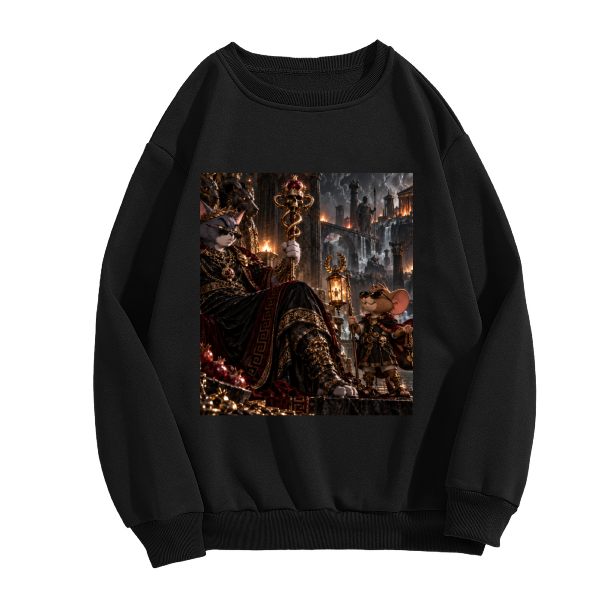 Front garment photograph: men's crewneck sweatshirt decorated with a feline throne scene with gathered figures and warm firelight