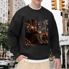 A feline throne scene with gathered figures and warm firelight visible on a men's crewneck sweatshirt in an outdoor front model view