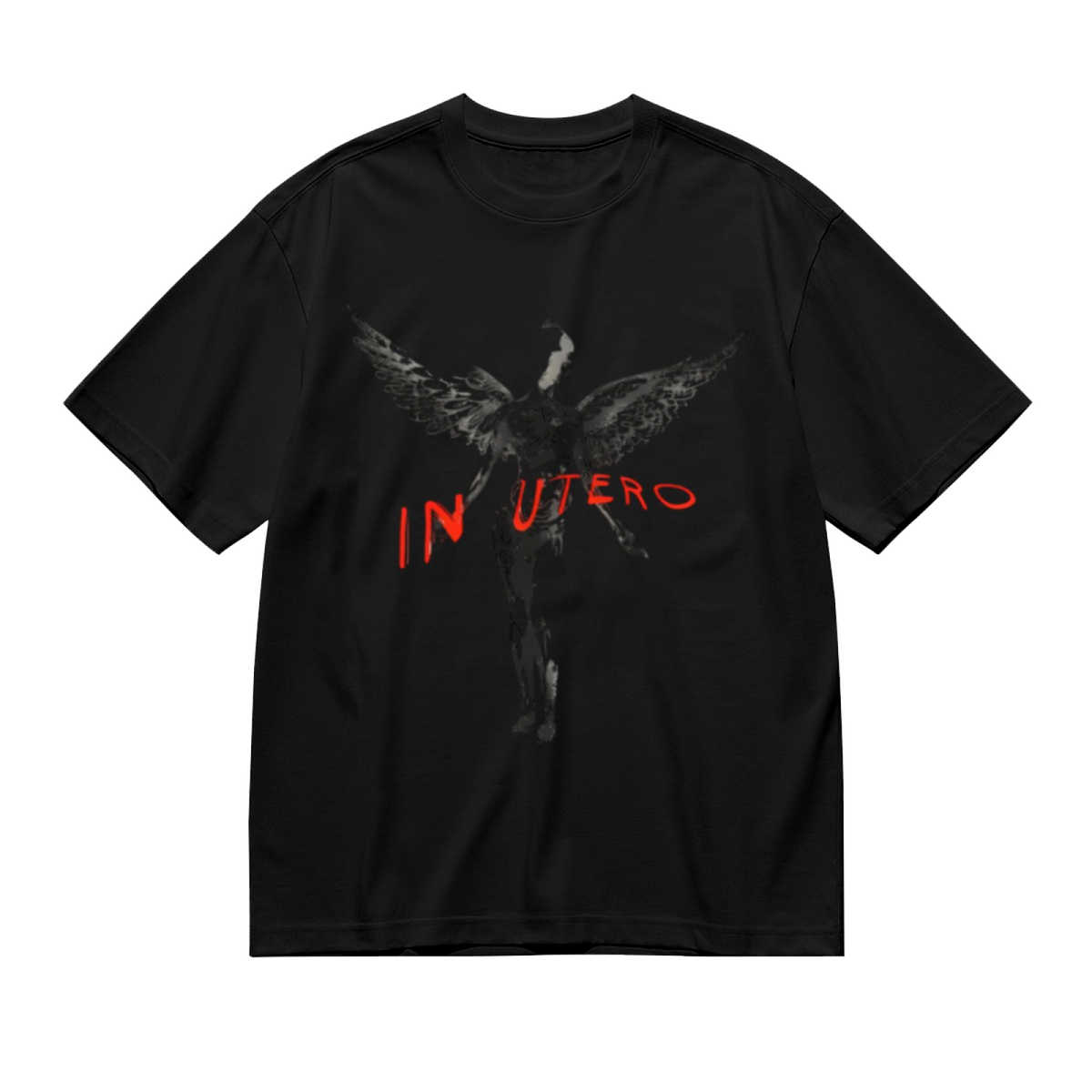 Nirvana In Utero Dark Angel Red Text Graphic T-Shirt — product design preview of the artwork; dark angel artwork appears with red lettering