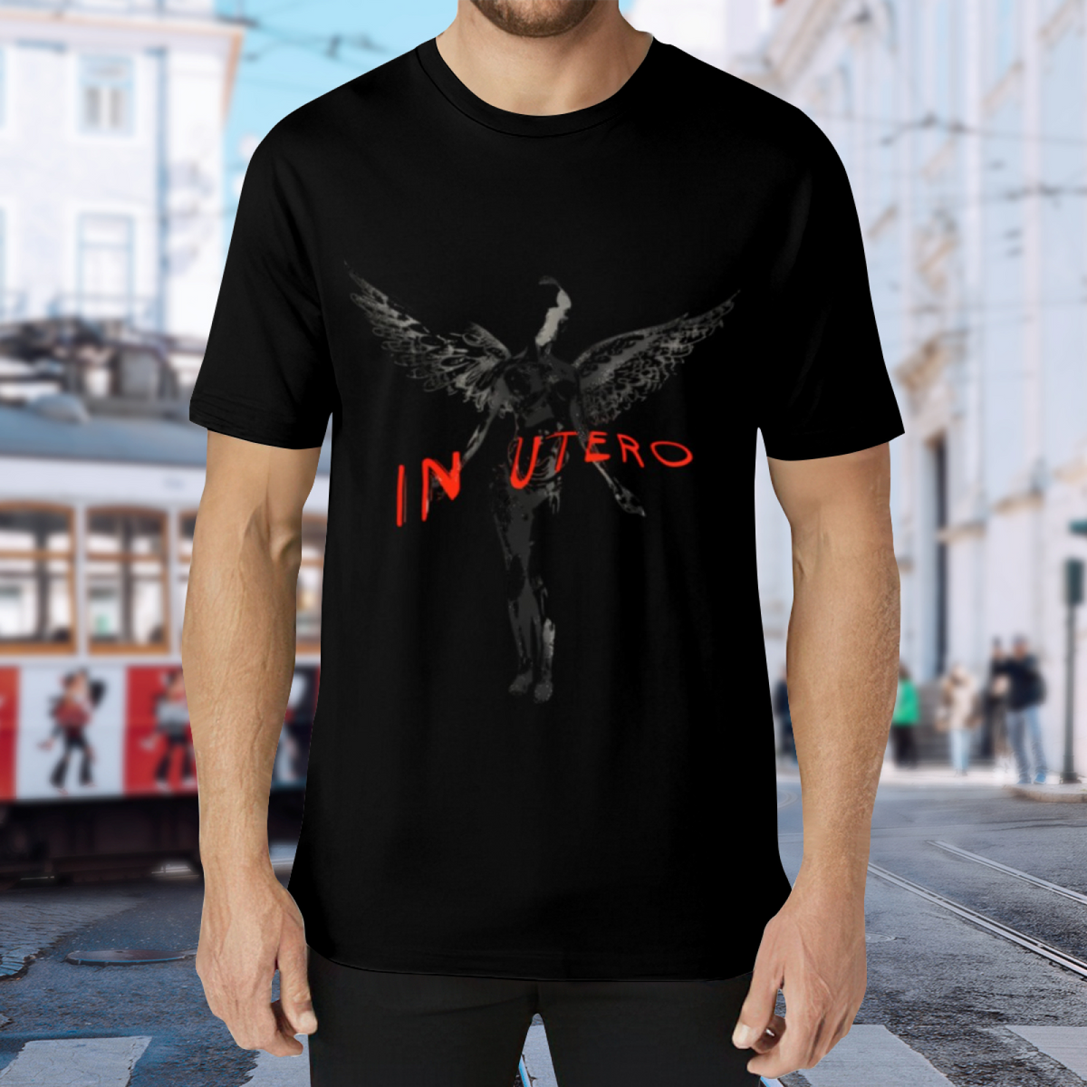 Nirvana In Utero Dark Angel Red Text Graphic T-Shirt — product design preview of the artwork; dark angel artwork appears with red lettering