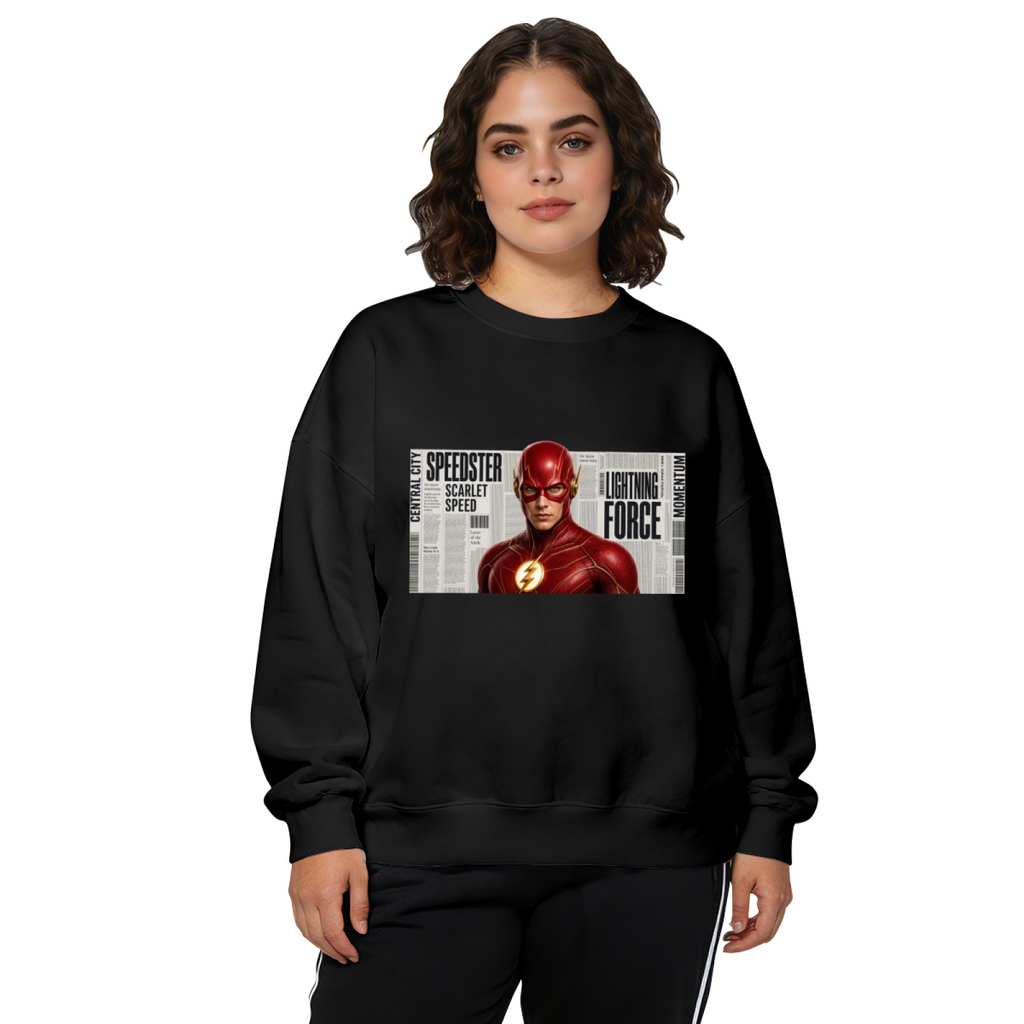 Women's crewneck sweatshirt seen on a model, its front graphic depicting a scarlet-cowl portrait against a rectangular newspaper-style backdrop