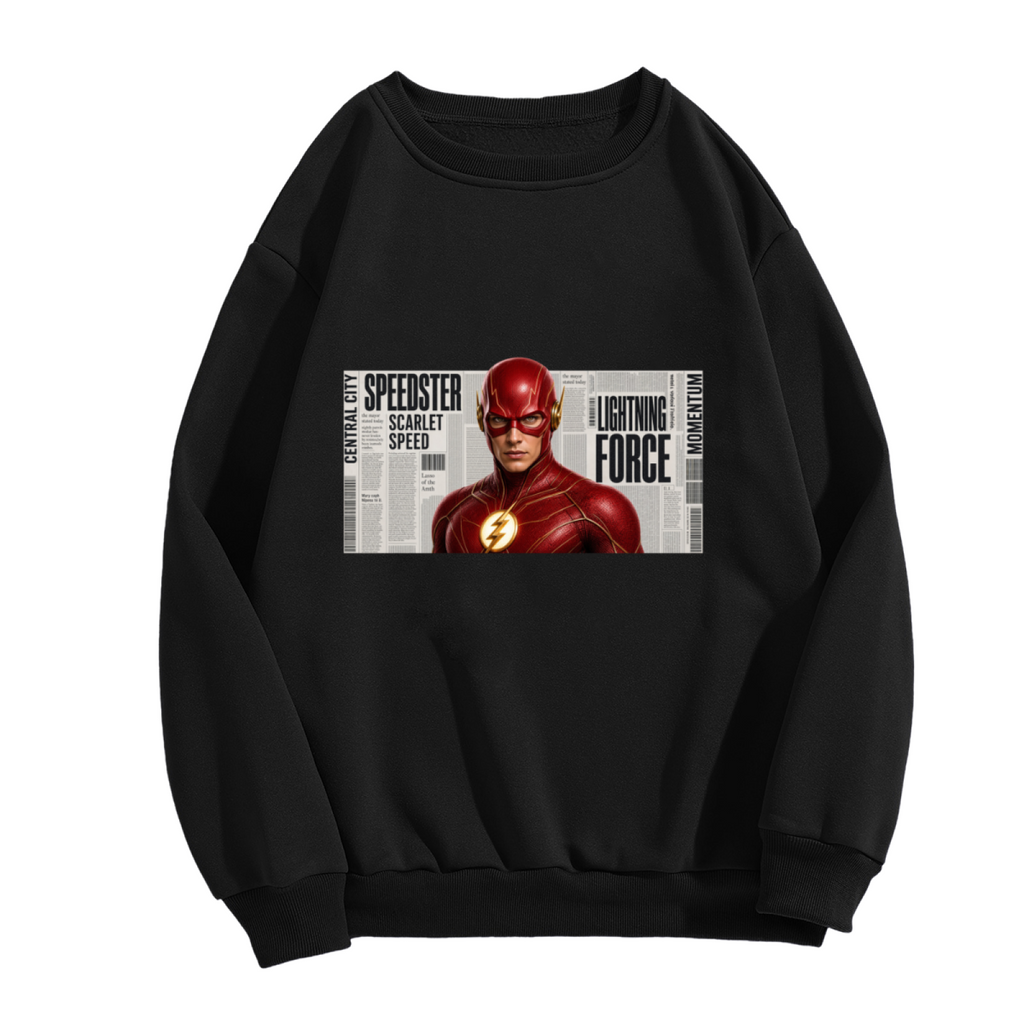Front garment photograph: women's crewneck sweatshirt decorated with a scarlet-cowl portrait against a rectangular newspaper-style backdrop