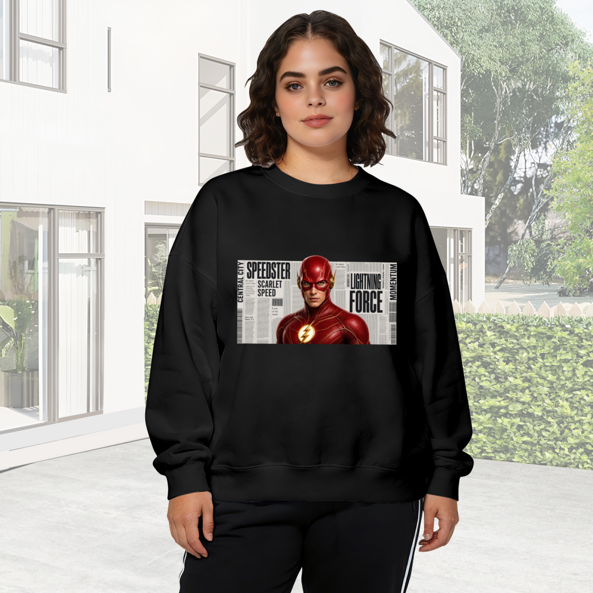 A scarlet-cowl portrait against a rectangular newspaper-style backdrop visible on a women's crewneck sweatshirt in an outdoor front model view