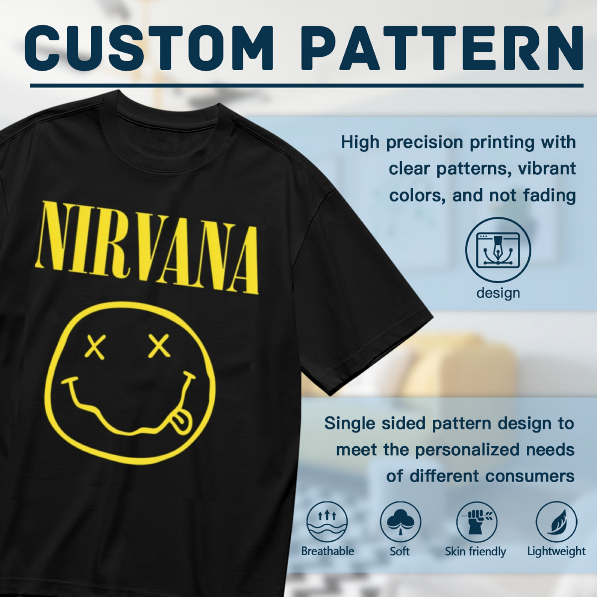 Nirvana Smiley Face Yellow Logo Band T-Shirt for Men — product design preview of the artwork; the familiar yellow smiley-face motif provides the main graphic