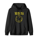 Hoodie product image with classic yellow smiley face artwork, black colorway