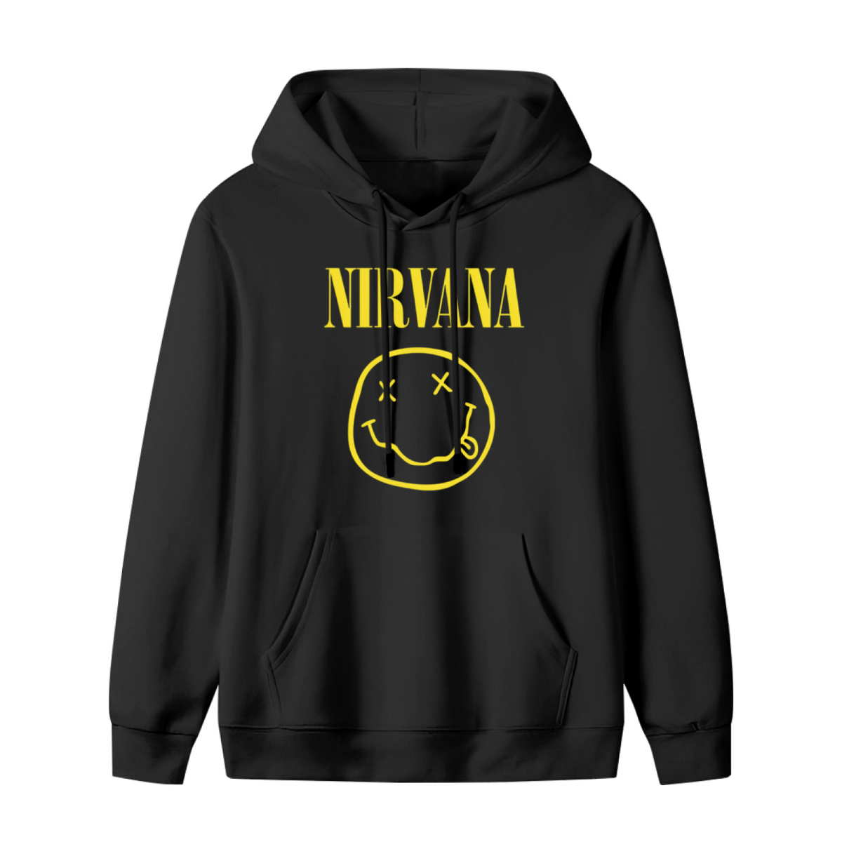 Hoodie product image with classic yellow smiley face artwork, black colorway
