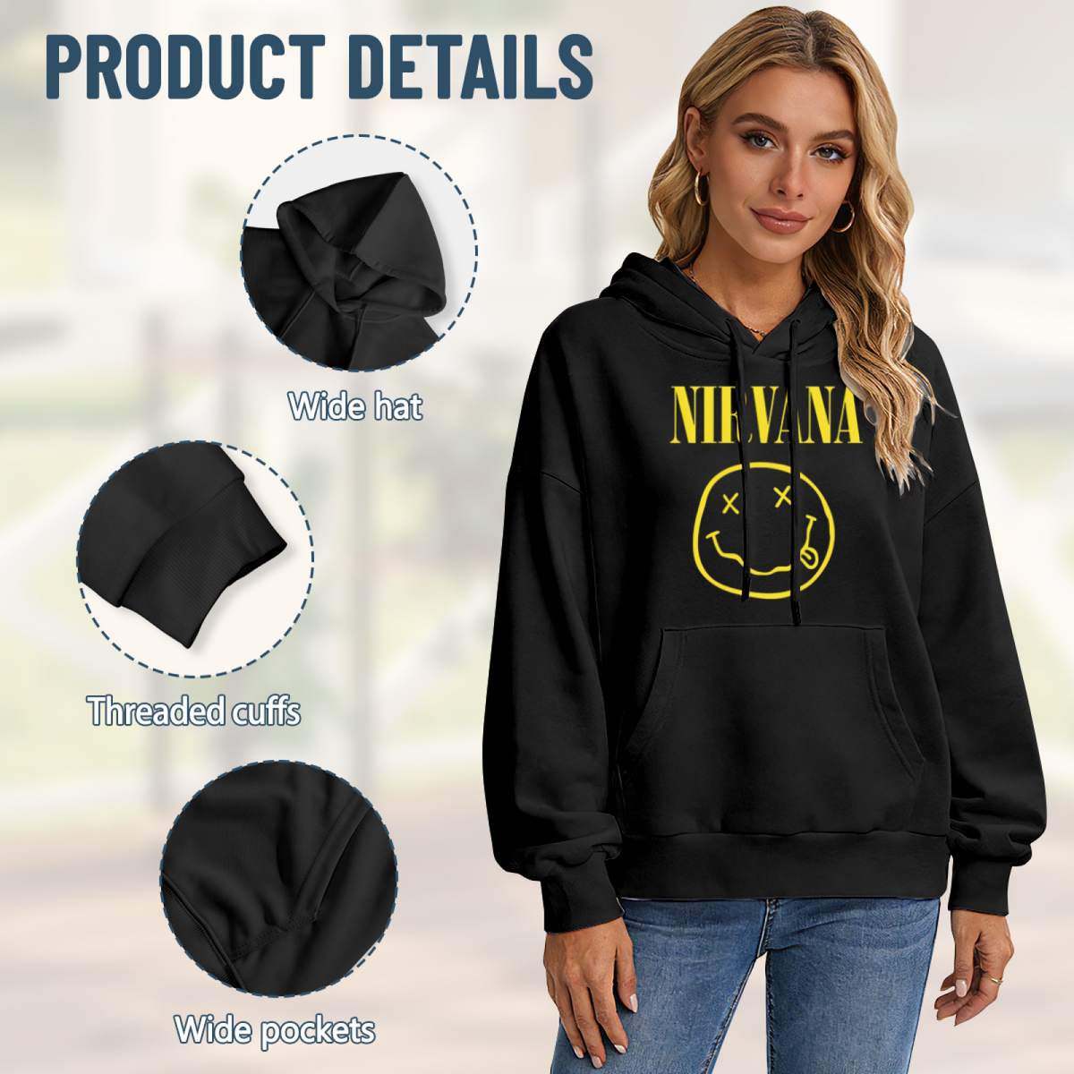 Hoodie product image with classic yellow smiley face artwork