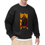 Men's crewneck sweatshirt seen on a model, its front graphic depicting a caped figure in a street-style stance within a tall poster composition