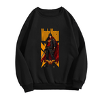 Front garment photograph: men's crewneck sweatshirt decorated with a caped figure in a street-style stance within a tall poster composition