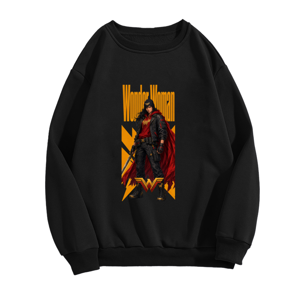 Front garment photograph: men's crewneck sweatshirt decorated with a caped figure in a street-style stance within a tall poster composition