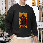 A caped figure in a street-style stance within a tall poster composition visible on a men's crewneck sweatshirt in an outdoor front model view