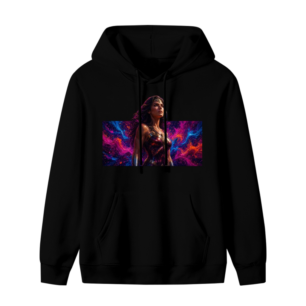 Men's hoodie photographed alone, with a warrior portrait against vivid prismatic bands of light on the front