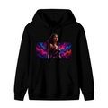 Men's hoodie photographed alone, with a warrior portrait against vivid prismatic bands of light on the front