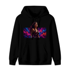 Men's hoodie photographed alone, with a warrior portrait against vivid prismatic bands of light on the front