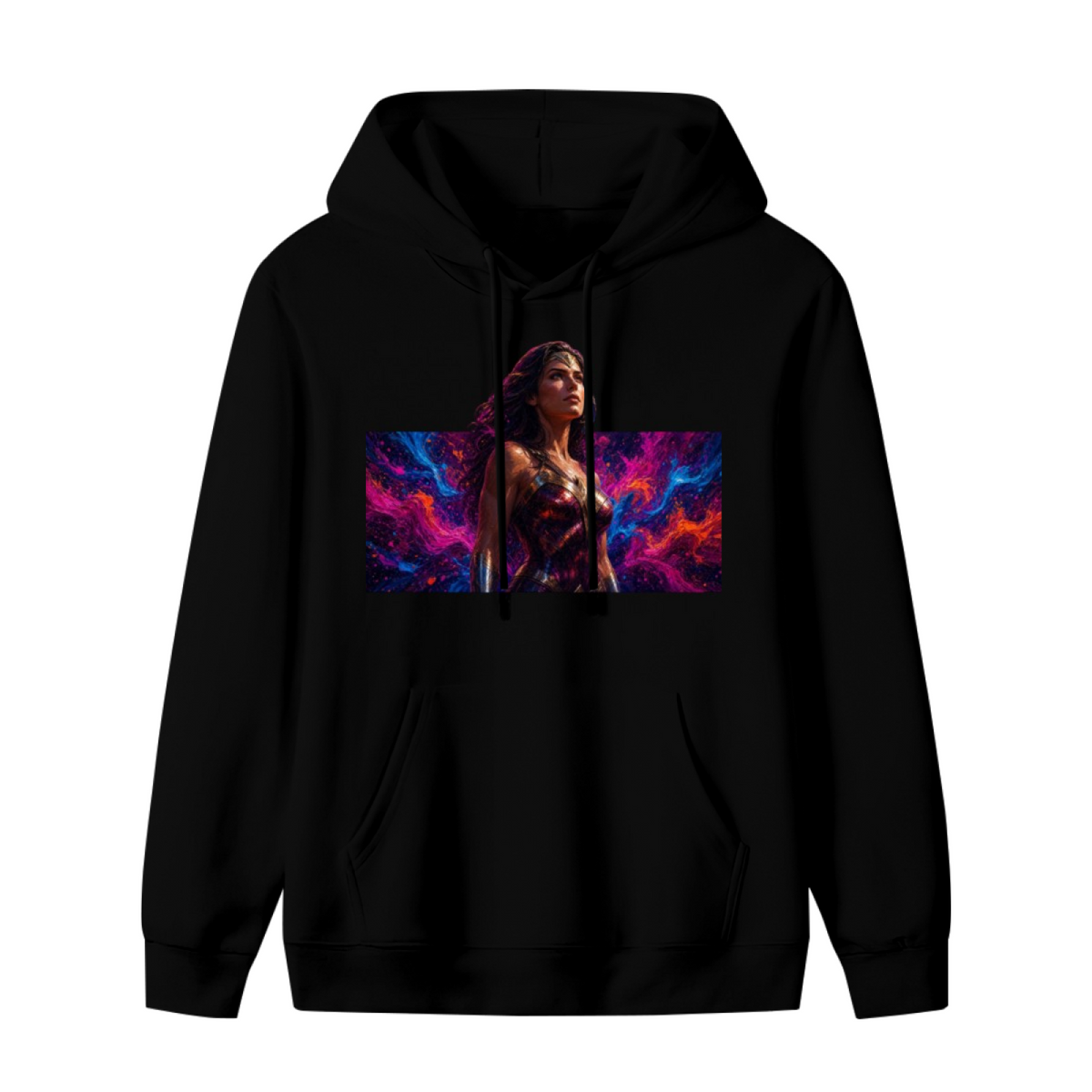 Men's hoodie photographed alone, with a warrior portrait against vivid prismatic bands of light on the front