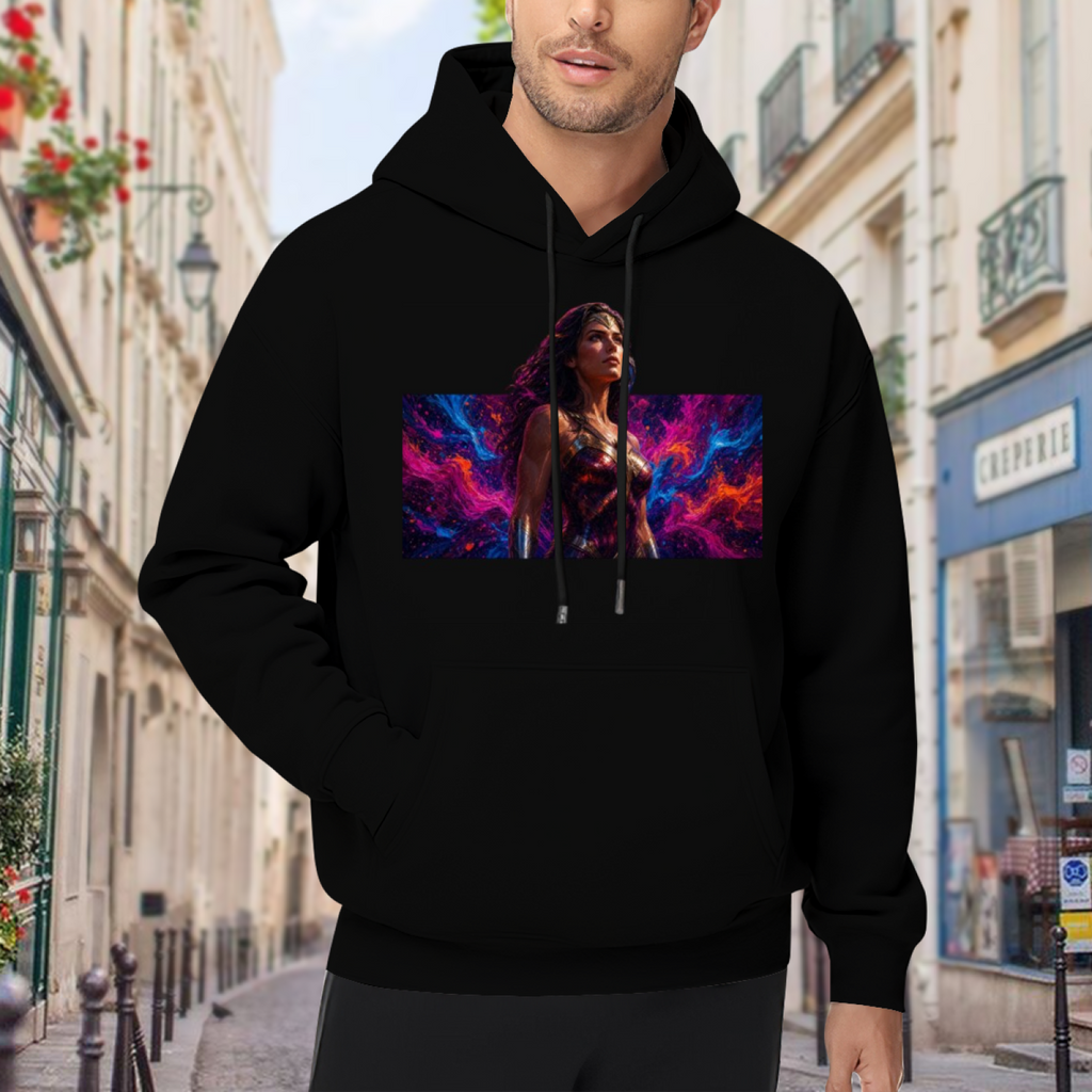 Lifestyle image outdoors: men's hoodie with a front graphic of a warrior portrait against vivid prismatic bands of light