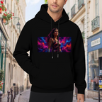 Lifestyle image outdoors: men's hoodie with a front graphic of a warrior portrait against vivid prismatic bands of light