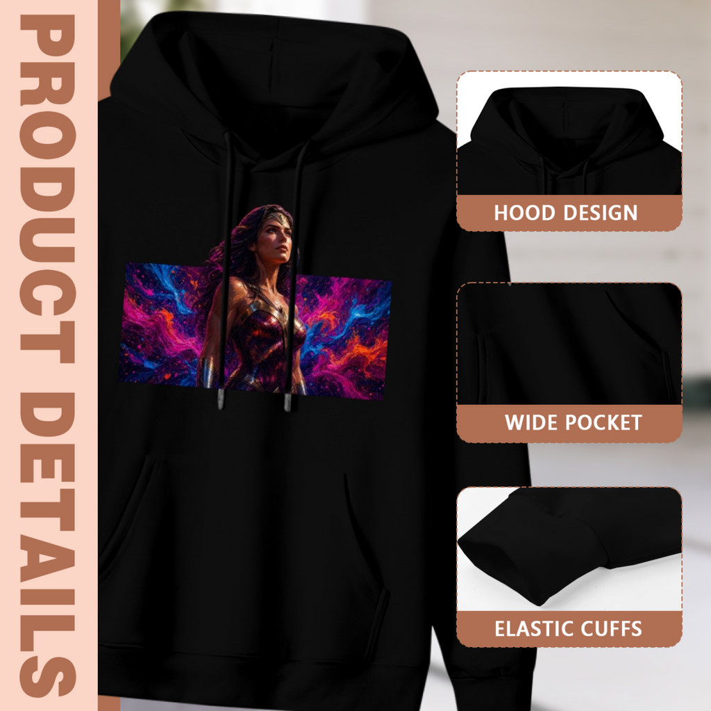 Feature collage for the men's Warrior amid Prismatic Light hoodie: hood shape, pouch pocket and cuff finishing