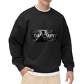 Men's crewneck sweatshirt seen on a model, its front graphic depicting an armored figure in a smoky grayscale panel with lettering