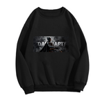 Front garment photograph: men's crewneck sweatshirt decorated with an armored figure in a smoky grayscale panel with lettering