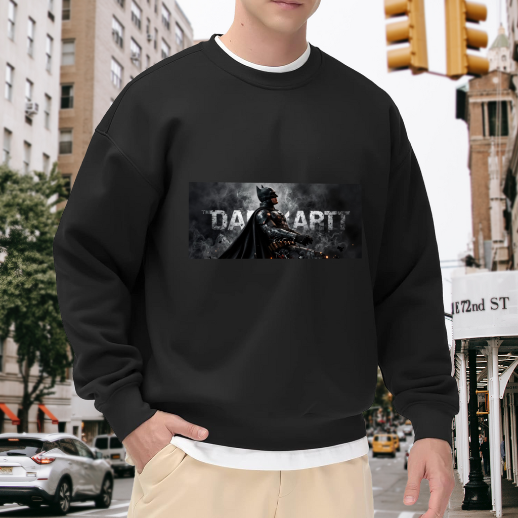 An armored figure in a smoky grayscale panel with lettering visible on a men's crewneck sweatshirt in an outdoor front model view