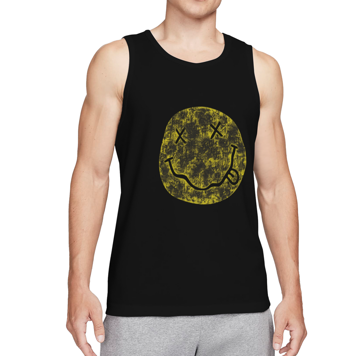 Nirvana Distressed Yellow Smiley Face Logo Tank Top product image featuring distressed yellow Nirvana smiley face