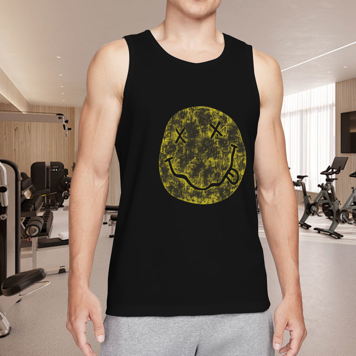 Nirvana Distressed Yellow Smiley Face Logo Tank Top product image featuring distressed yellow Nirvana smiley face