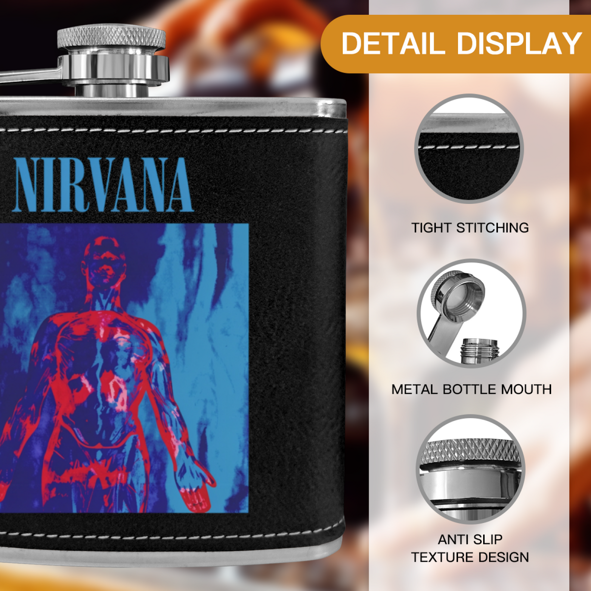 Nirvana Sliver Black 6oz vintage-style stainless steel hip flask product image