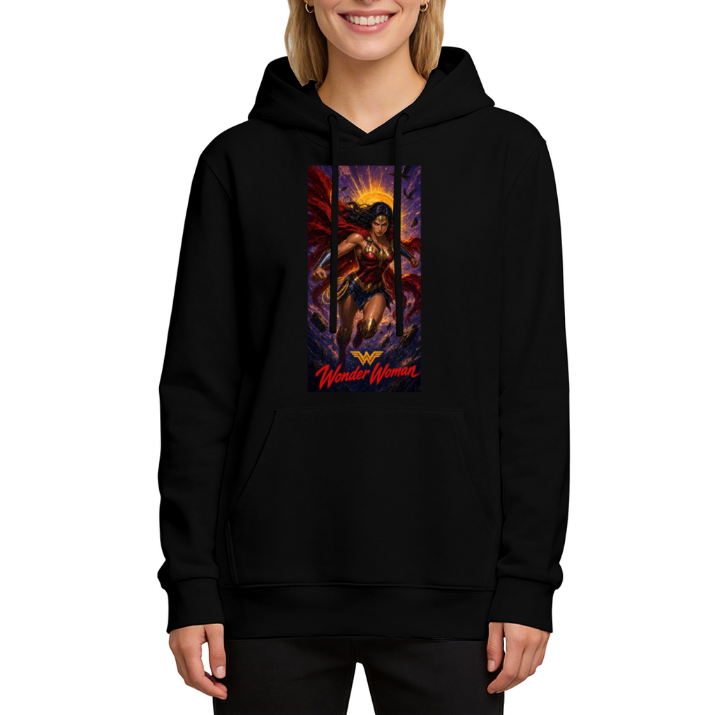 Women's hoodie seen on a model, its front graphic depicting a lasso-wielding warrior posed before a radiant sun halo