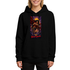 Women's hoodie seen on a model, its front graphic depicting a lasso-wielding warrior posed before a radiant sun halo