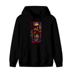 Front garment photograph: women's hoodie decorated with a lasso-wielding warrior posed before a radiant sun halo