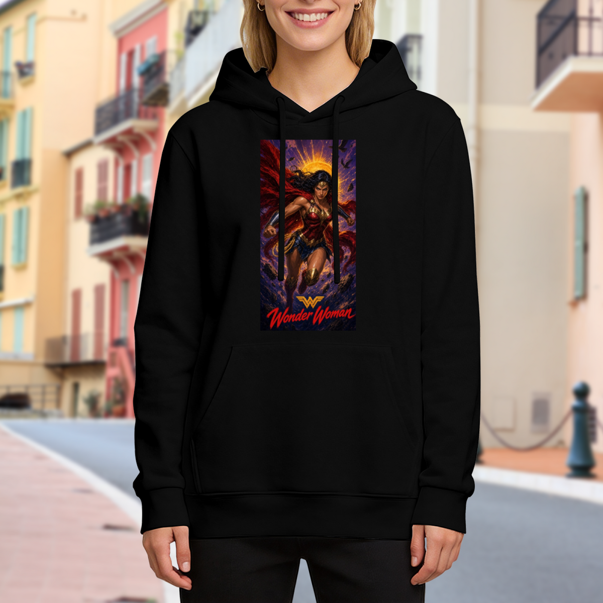 A lasso-wielding warrior posed before a radiant sun halo visible on a women's hoodie in an outdoor front model view