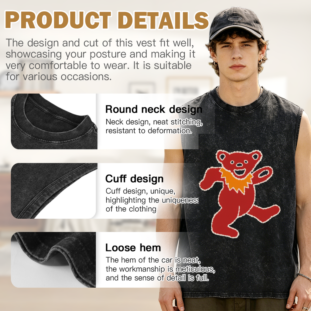 Grateful Dead washed graphic tank top with Blue Tie-dye Featuring A Red Dancing Bear With An Orange Collar And White Outline graphic